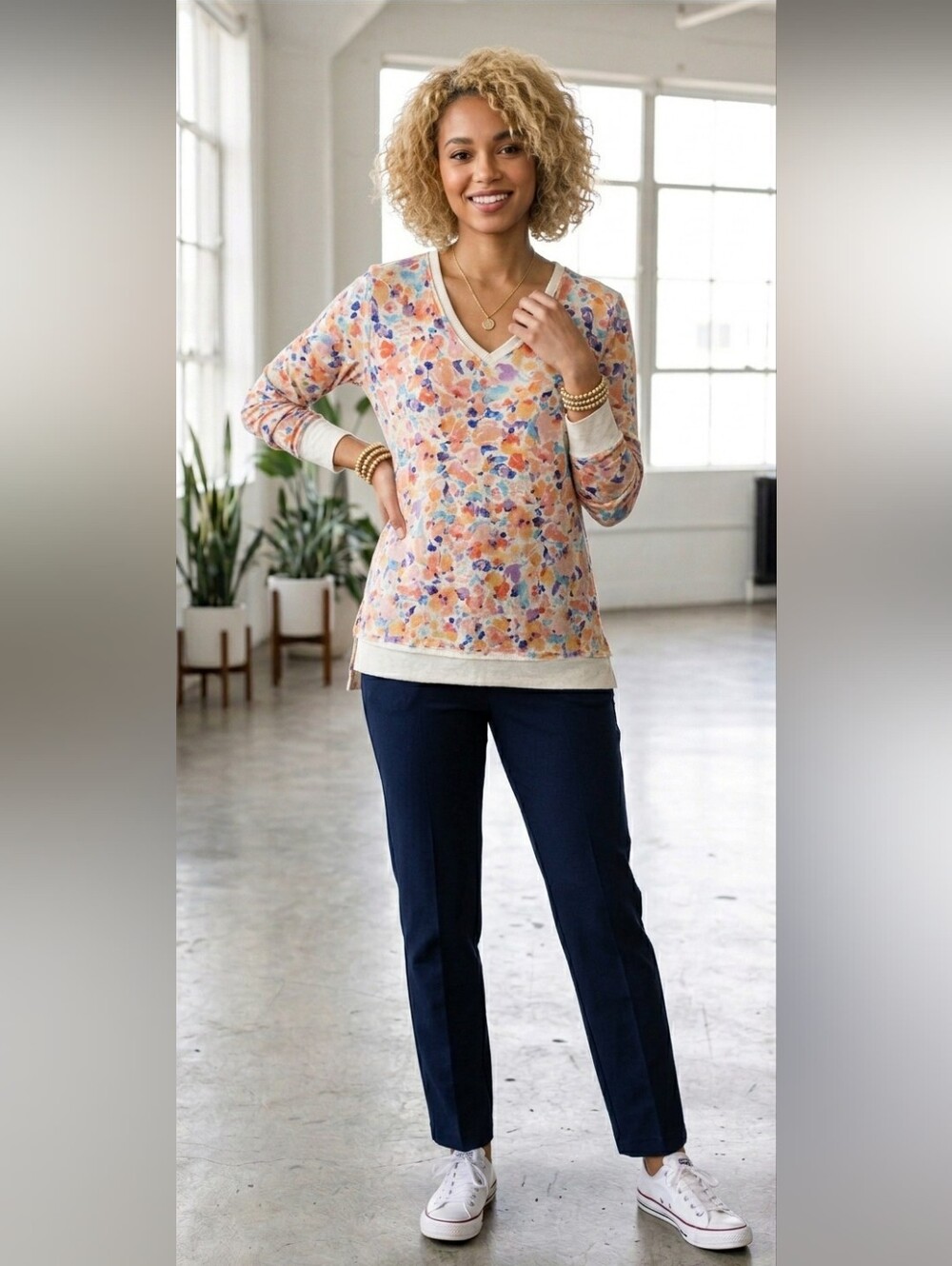 Westbound Floral V-Neck Long Sleeve Top in Cream and Multicolor